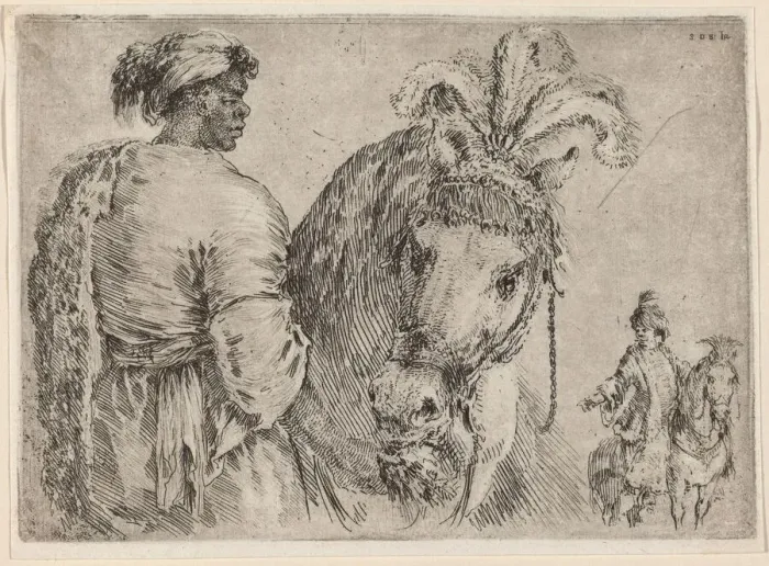 Framed Print : A Black Man Feeding a Horse, probably 1662. Creator: Stefano della Bella Framed Print : A Black Man Feeding a Horse, probably 1662. Creator: Stefano della Bella