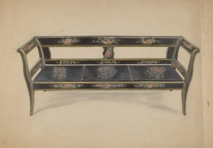 Framed Print : Black Painted Settee, c. 1936. Creator: Ella Josephine Sterling Framed Print : Black Painted Settee, c. 1936. Creator: Ella Josephine Sterling