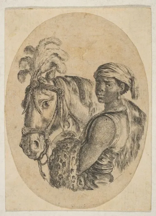 Framed Print : Black slave carries a leopard pelt and holds the bridle of a horse, from Several heads Framed Print : Black slave carries a leopard pelt and holds the bridle of a horse, from Several heads