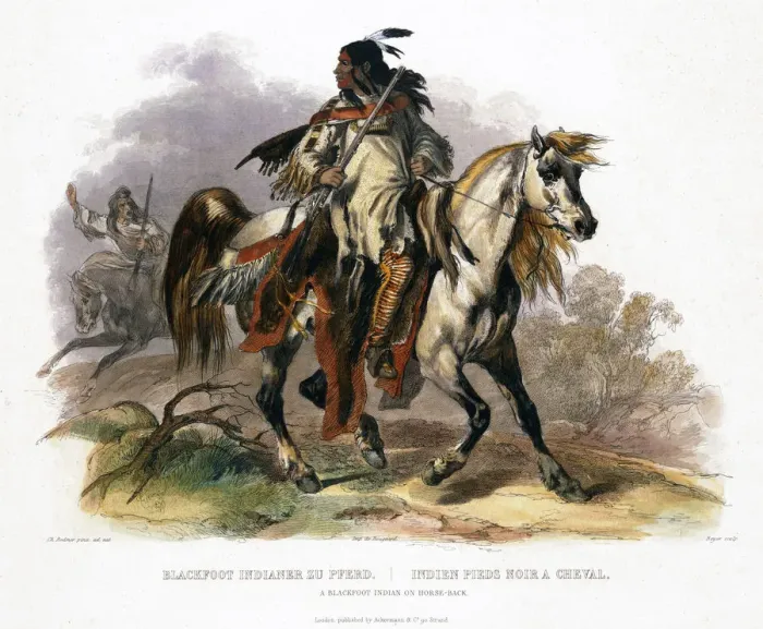 Framed Print : A Blackfoot Indian on horseback, 1843. Artist: Leopold Beyer Framed Print : A Blackfoot Indian on horseback, 1843. Artist: Leopold Beyer