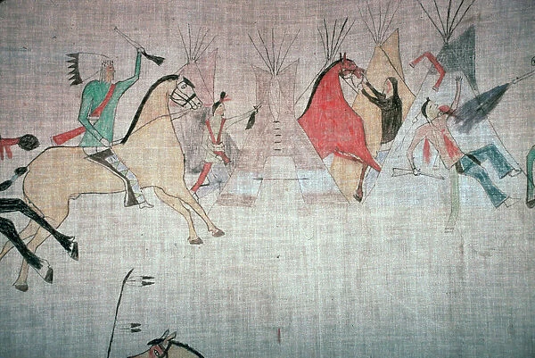 Blackfoot Native American tepee lining showing an attack on a camp