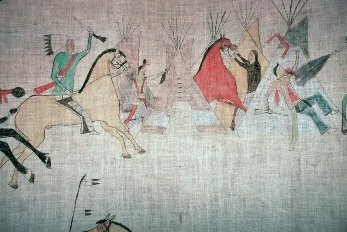 Framed Print : Blackfoot Native American tepee lining showing an attack on a camp Framed Print : Blackfoot Native American tepee lining showing an attack on a camp