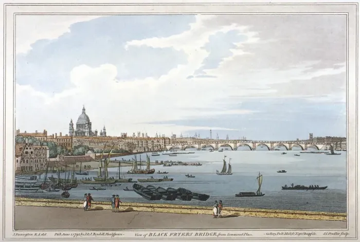 Framed Print : Blackfriars Bridge, London, 1795. Artist: Joseph Constantine Stadler Framed Print : Blackfriars Bridge, London, 1795. Artist: Joseph Constantine Stadler
