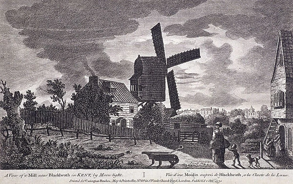 A mill on Blackheath by moonlight; including figures and a windmill, Greenwich, London, 1770