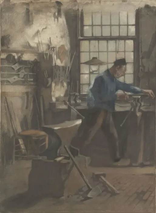 Framed Print : Blacksmith in his forge, 1870-1923. Creator: Willem Witsen