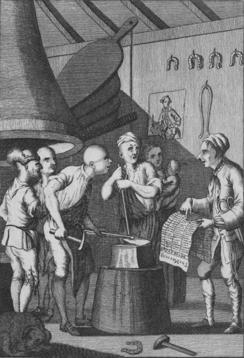 Framed Print : The Blacksmith lets his Iron grow cold attending to the Taylors News, 1772 Framed Print : The Blacksmith lets his Iron grow cold attending to the Taylors News, 1772