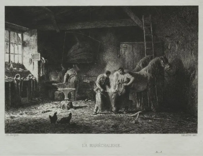 Framed Print : The Blacksmith Shop. Creator: Charles-Emile Jacque (French, 1813-1894) Framed Print : The Blacksmith Shop. Creator: Charles-Emile Jacque (French, 1813-1894)