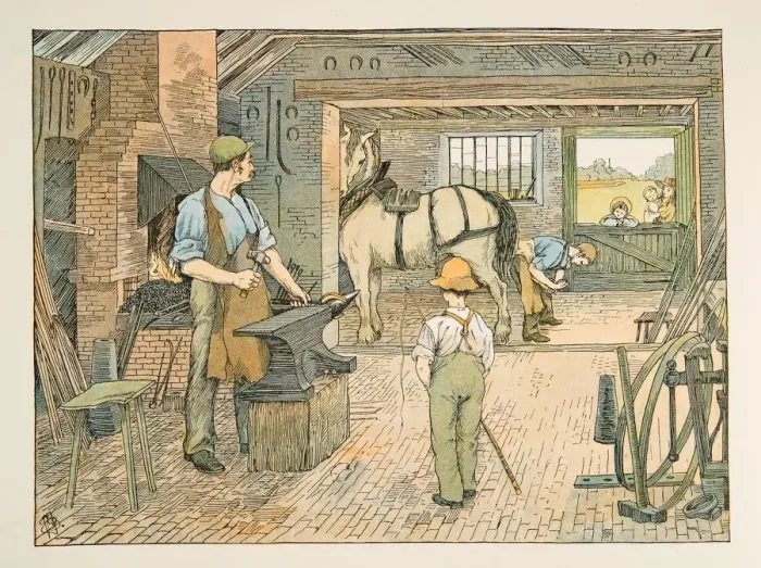 Framed Print : The Blacksmith, from Four and Twenty Toilers, pub. 1900 (colour lithograph) Framed Print : The Blacksmith, from Four and Twenty Toilers, pub. 1900 (colour lithograph)