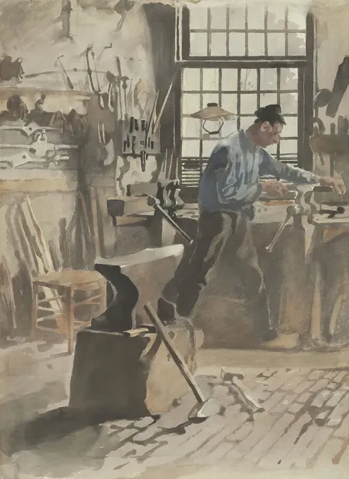 Framed Print : Blacksmith at work in his forge, 1870-1923. Creator: Willem Witsen Framed Print : Blacksmith at work in his forge, 1870-1923. Creator: Willem Witsen