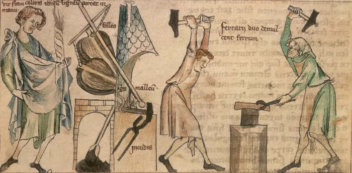Framed Print : Blacksmiths at work, second half of the 14th century. Creator: Unknown Framed Print : Blacksmiths at work, second half of the 14th century. Creator: Unknown