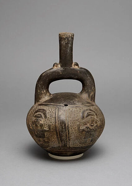Blackware Stirrup Spout Vessel with a Relief Depicting Warriors with Raised Arms, A. D