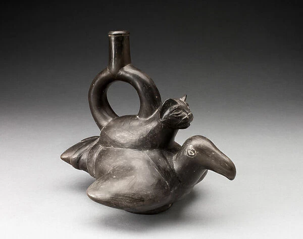 Blackware Vessel in the Form of a Feline Sitting on the Back of a Bird, 180 B. C.  /  A. D. 500