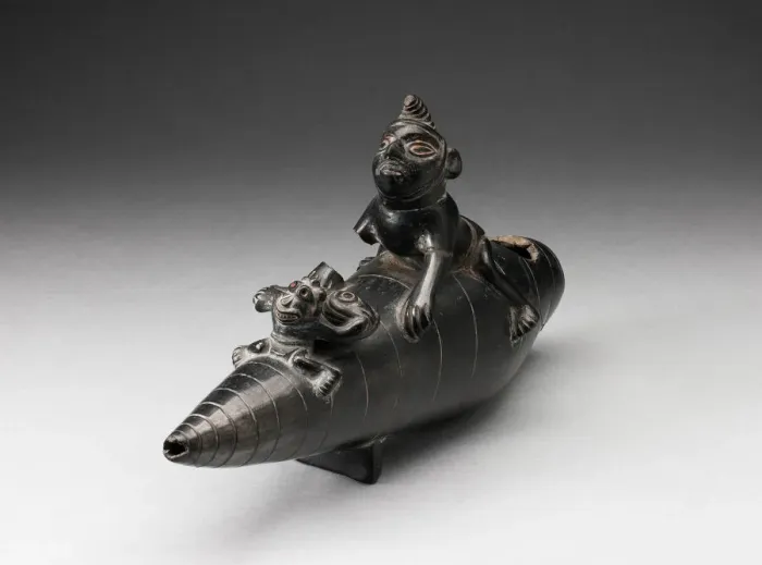Framed Print : Blackware Vessel in the Form of Two Figures Seated on Reed Boat, Parts Missing, A. D Framed Print : Blackware Vessel in the Form of Two Figures Seated on Reed Boat, Parts Missing, A. D