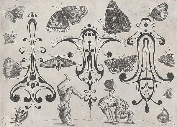 Blackwork Designs with Acrobats, Butterflies and Other Insects, Plate 3 from a Serie... after 1622. Creator: Meinert Gelijs