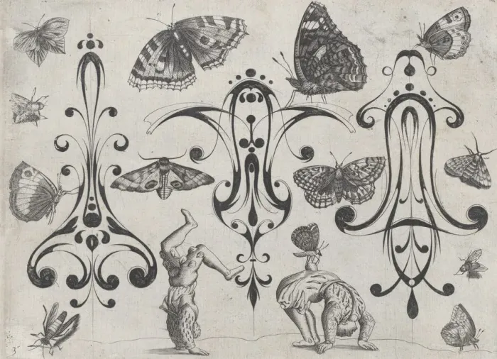 Framed Print : Blackwork Designs with Acrobats, Butterflies and Other Insects, Plate 3 from a Serie... after 1622. Creator: Meinert Gelijs Framed Print : Blackwork Designs with Acrobats, Butterflies and Other Insects, Plate 3 from a Serie... after 1622. Creator: Meinert Gelijs