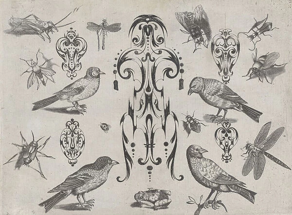 Blackwork Designs with Birds and Insects, Plate 2 from a Series of Blackwork Ornamen... after 1622. Creator: Meinert Gelijs