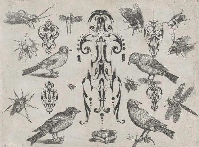 Framed Print : Blackwork Designs with Birds and Insects, Plate 2 from a Series of Blackwork Ornamen... after 1622. Creator: Meinert Gelijs Framed Print : Blackwork Designs with Birds and Insects, Plate 2 from a Series of Blackwork Ornamen... after 1622. Creator: Meinert Gelijs