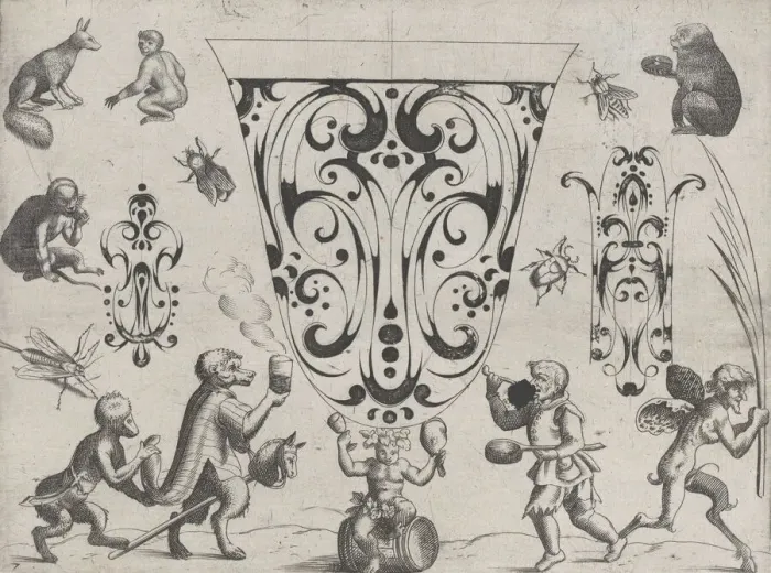 Framed Print : Blackwork Designs with Birds and Insects, Plate 7 from a Series of Blackwork Ornamen... after 1622. Creator: Meinert Gelijs Framed Print : Blackwork Designs with Birds and Insects, Plate 7 from a Series of Blackwork Ornamen... after 1622. Creator: Meinert Gelijs