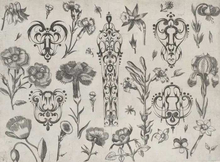 Framed Print : Blackwork Designs with Flowers, Plate 6 from a Series of Blackwork Ornaments combine... after 1622. Creator: Meinert Gelijs Framed Print : Blackwork Designs with Flowers, Plate 6 from a Series of Blackwork Ornaments combine... after 1622. Creator: Meinert Gelijs