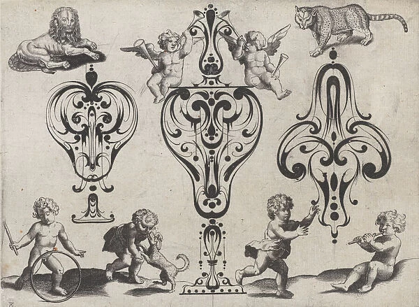 Blackwork Designs with Putti and Felines, Plate 8 from a Series of Blackwork Ornamen... after 1622. Creator: Meinert Gelijs
