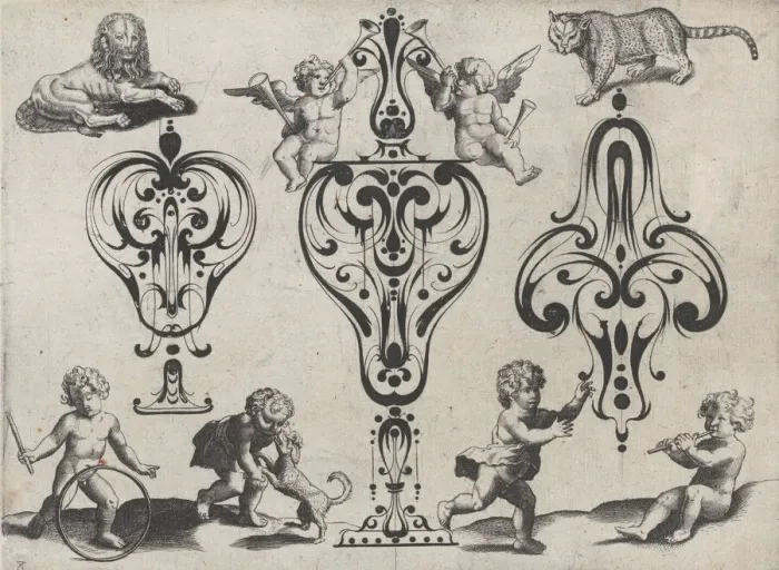 Framed Print : Blackwork Designs with Putti and Felines, Plate 8 from a Series of Blackwork Ornamen... after 1622. Creator: Meinert Gelijs Framed Print : Blackwork Designs with Putti and Felines, Plate 8 from a Series of Blackwork Ornamen... after 1622. Creator: Meinert Gelijs