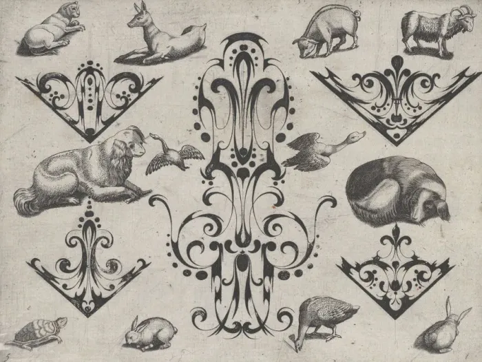 Framed Print : Blackwork Designs with Various Mammals and Birds, Plate 5 from a Series of Blackwork... after 1622. Creator: Meinert Gelijs Framed Print : Blackwork Designs with Various Mammals and Birds, Plate 5 from a Series of Blackwork... after 1622. Creator: Meinert Gelijs