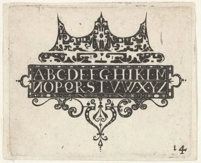 Framed Print : Blackwork Print with the Alphabet, ca. 1620. Creator: Claes Jansz Visscher Framed Print : Blackwork Print with the Alphabet, ca. 1620. Creator: Claes Jansz Visscher