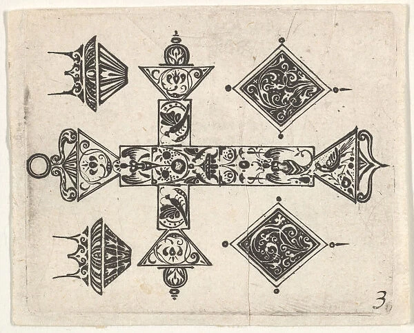 Blackwork Print with a Latin Cross and Four Motifs, ca. 1620