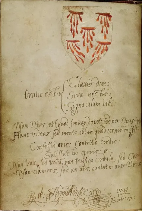 Framed Print : Blank Page with added inscription and pasted-in shield with the Five Wounds, about 1480-1490. Creator: Unknown Framed Print : Blank Page with added inscription and pasted-in shield with the Five Wounds, about 1480-1490. Creator: Unknown