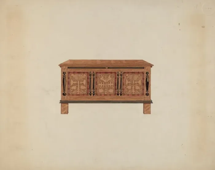 Framed Print : Blanket Chest - Front View, c. 1936. Creator: Martin Partyka Framed Print : Blanket Chest - Front View, c. 1936. Creator: Martin Partyka