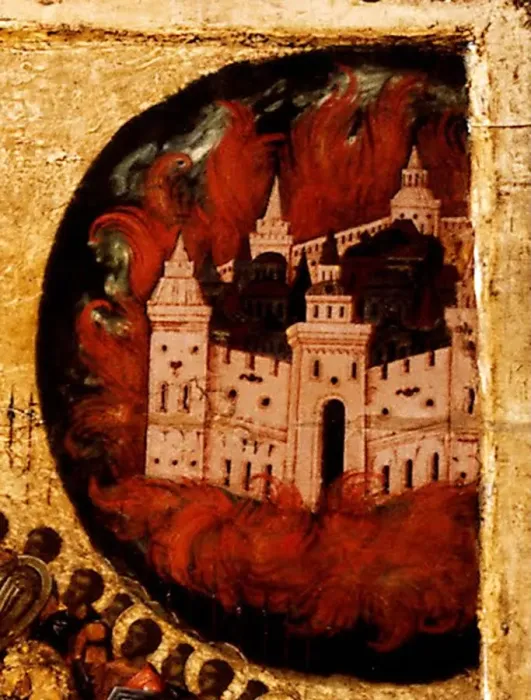 Framed Print : Blessed Be the Host of the King of Heaven (Detail: Fire in Kazan), 1550s. Artist: Athanasius, Metropolitan of Moscow (active Mid of 16th cen. ) Framed Print : Blessed Be the Host of the King of Heaven (Detail: Fire in Kazan), 1550s. Artist: Athanasius, Metropolitan of Moscow (active Mid of 16th cen. )