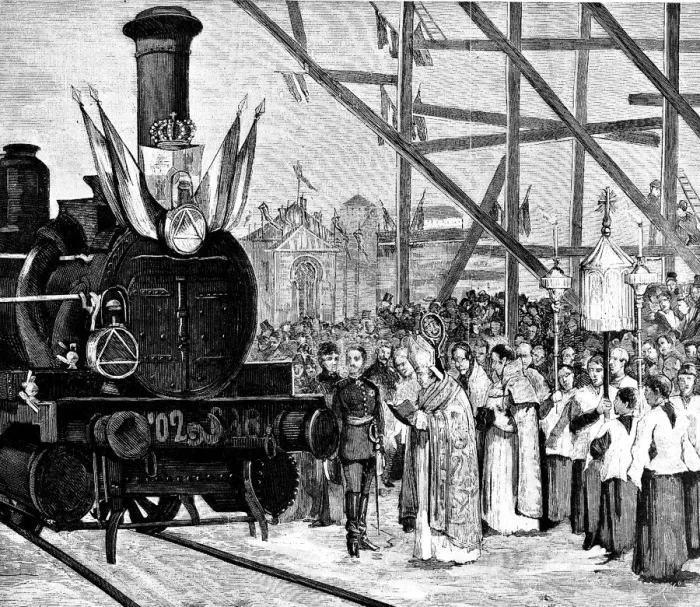 Framed Print : Blessing of the first locomotive, before the King and Queen of Spain, which circulated Framed Print : Blessing of the first locomotive, before the King and Queen of Spain, which circulated