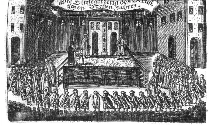 Framed Print : Blessing of the Russian New Year (from Georg Adam Schleissing Derer beyden Czaaren in Reussland Iwan und Peter Alexewiz), 1693. Artist: Anonymous Framed Print : Blessing of the Russian New Year (from Georg Adam Schleissing Derer beyden Czaaren in Reussland Iwan und Peter Alexewiz), 1693. Artist: Anonymous