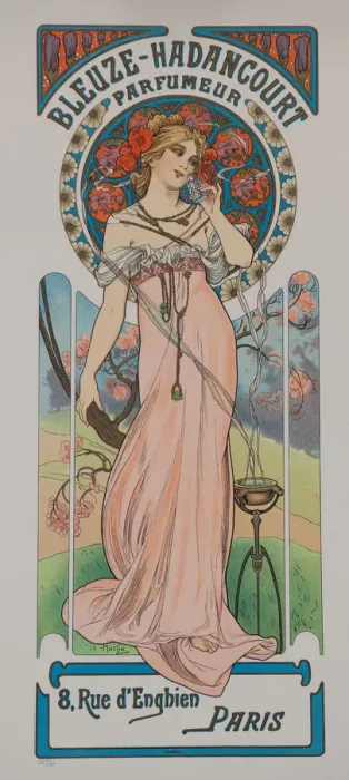 Framed Print : Bleuze - Hadancourt Parfumeur, ca 1899. Creator: Mucha, Alfons Marie (1860-1939) Framed Print : Bleuze - Hadancourt Parfumeur, ca 1899. Creator: Mucha, Alfons Marie (1860-1939)