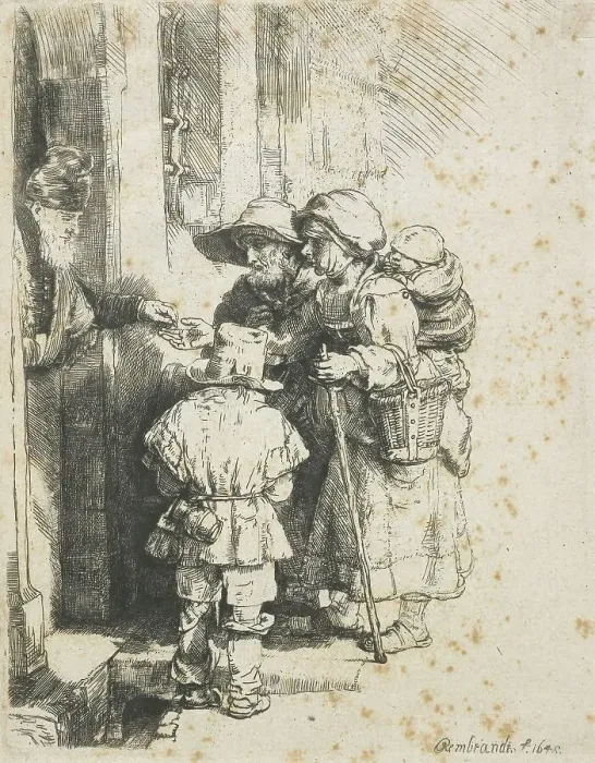 Framed Print : A blind hurdy-gurdy player and family receiving alms, 1648. Creator: Rembrandt Harmensz van Rijn Framed Print : A blind hurdy-gurdy player and family receiving alms, 1648. Creator: Rembrandt Harmensz van Rijn