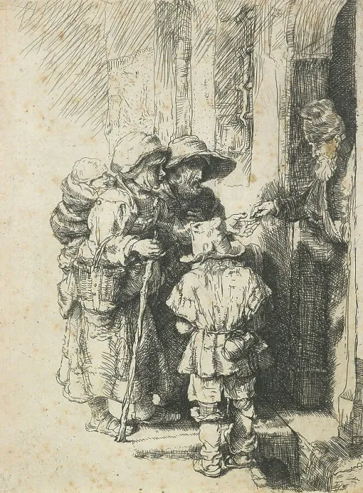 Framed Print : A blind hurdy-gurdy player and family receiving alms, reverse copy, after 1648. Creator: Unknown Framed Print : A blind hurdy-gurdy player and family receiving alms, reverse copy, after 1648. Creator: Unknown