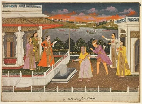 A blindfolded suitor is brought before a princess, 1755. Creator: Fayzullah (Indian, active c