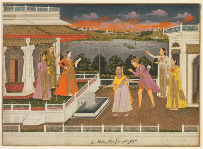 Framed Print : A blindfolded suitor is brought before a princess; verso: scrolling floral vines, 1755 Framed Print : A blindfolded suitor is brought before a princess; verso: scrolling floral vines, 1755