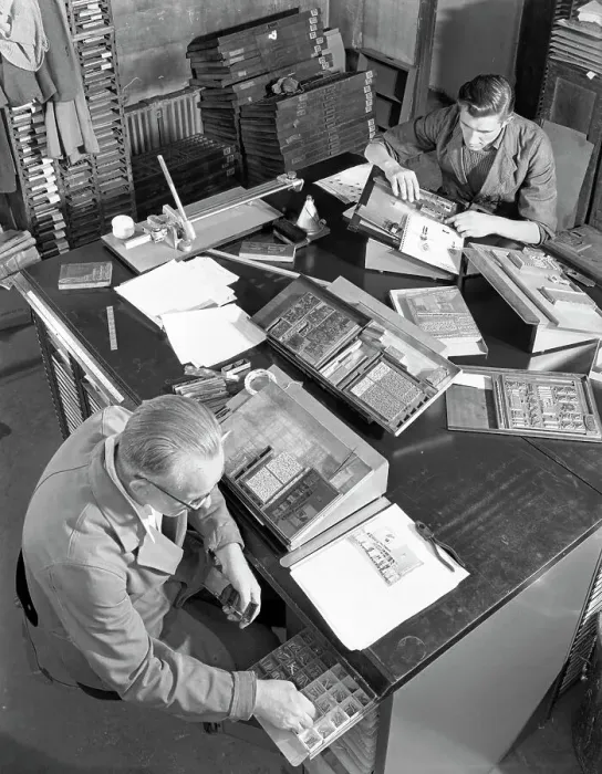 Framed Print : Blocks being made up at a printing company, Mexborough, South Yorkshire, 1959. Artist Framed Print : Blocks being made up at a printing company, Mexborough, South Yorkshire, 1959. Artist