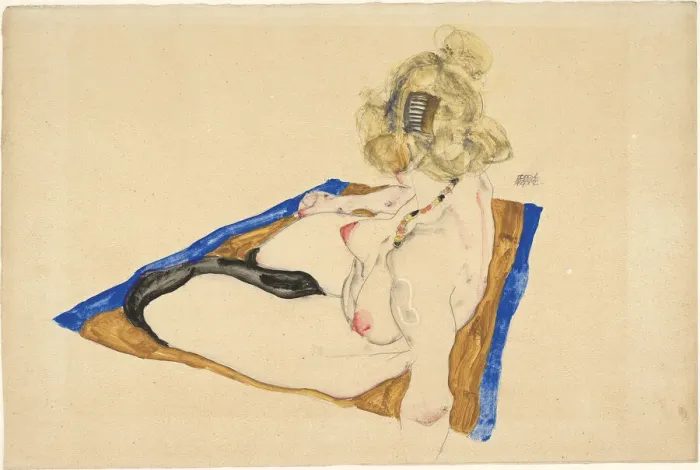 Framed Print : Blonde nude seated on a brown rug with a blue border, 1912 Framed Print : Blonde nude seated on a brown rug with a blue border, 1912