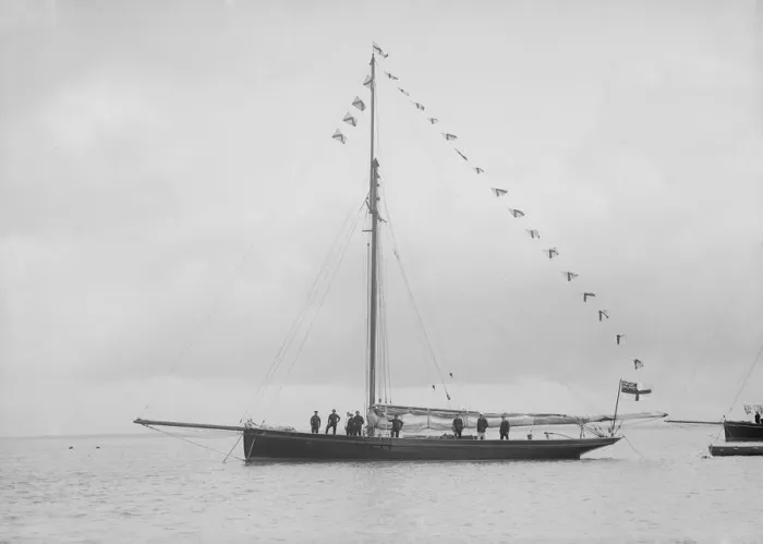 Framed Print : Bloodhound at anchor with flags, 1912. Creator: Kirk & Sons of Cowes Framed Print : Bloodhound at anchor with flags, 1912. Creator: Kirk & Sons of Cowes