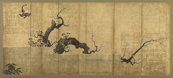 Blossoming Plum and Camellia in a Garden Landscape, Edo period