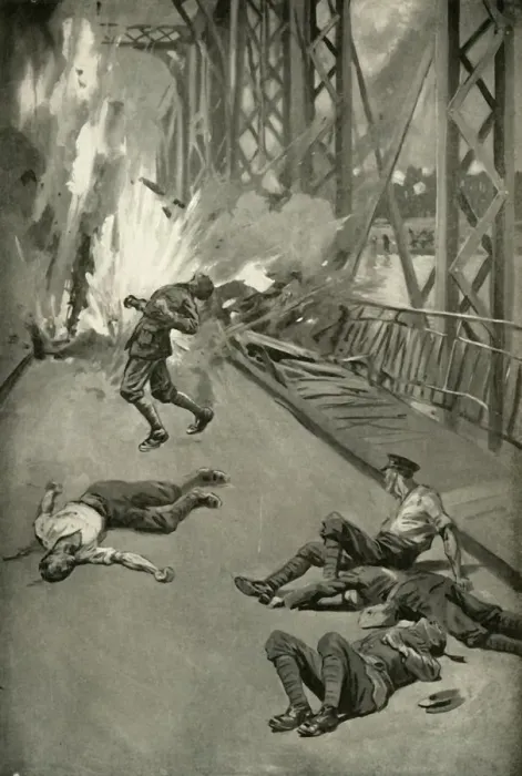 Framed Print : Blowing Up A Bridge Across the Aisne at Soissons, (1919). Creator: Unknown Framed Print : Blowing Up A Bridge Across the Aisne at Soissons, (1919). Creator: Unknown
