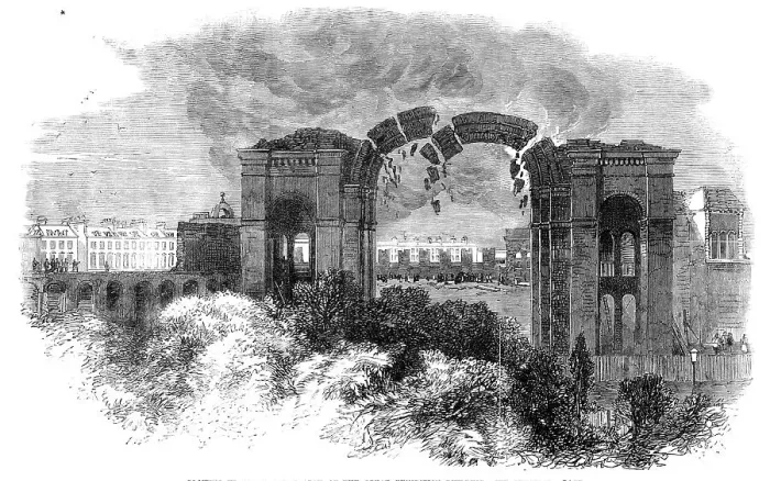 Framed Print : Blowing up the Eastern Arch of the Great Exhibition Building, 1864. Creator: Unknown Framed Print : Blowing up the Eastern Arch of the Great Exhibition Building, 1864. Creator: Unknown
