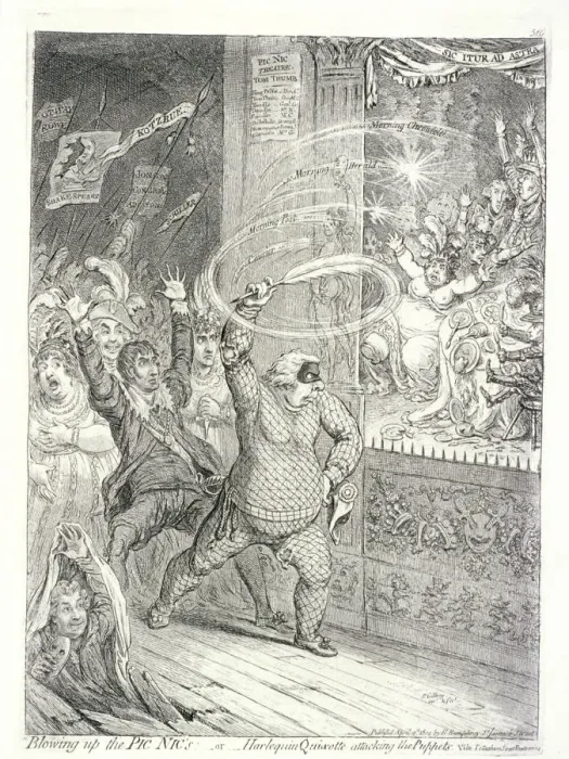 Framed Print : Blowing up the Pic Nic s; or, Harlequin Quixotte attacking the puppets... 1802 Framed Print : Blowing up the Pic Nic s; or, Harlequin Quixotte attacking the puppets... 1802