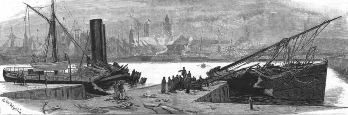 Framed Print : The Blowing-up of a Petroleum ship at Calais, 1888. Creator: Charles William Wyllie Framed Print : The Blowing-up of a Petroleum ship at Calais, 1888. Creator: Charles William Wyllie