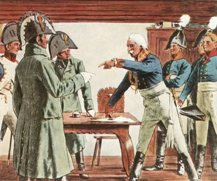 Framed Print : Blücher surrenders near Ratkau, 7 November 1806, (1936). Creator: Unknown Framed Print : Blücher surrenders near Ratkau, 7 November 1806, (1936). Creator: Unknown