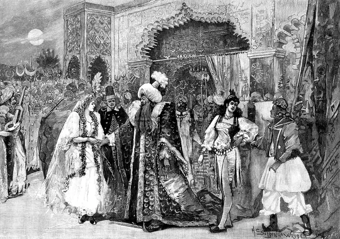 Framed Print : 'Blue Beard, ' at the Crystal Palace: the wedding of Blue Beard and Fatima, 1895. Creator: Unknown Framed Print : 'Blue Beard, ' at the Crystal Palace: the wedding of Blue Beard and Fatima, 1895. Creator: Unknown