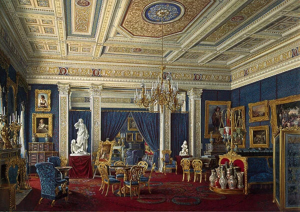 Blue Drawing-Room in the Mariinsky Palace in Saint Petersburg, Mid of the 19th cen Artist: Hau, Eduard (1807-1887)