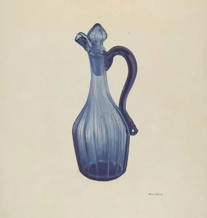 Framed Print : Blue Glass Cruet and Stopper, c. 1940. Creator: George File
